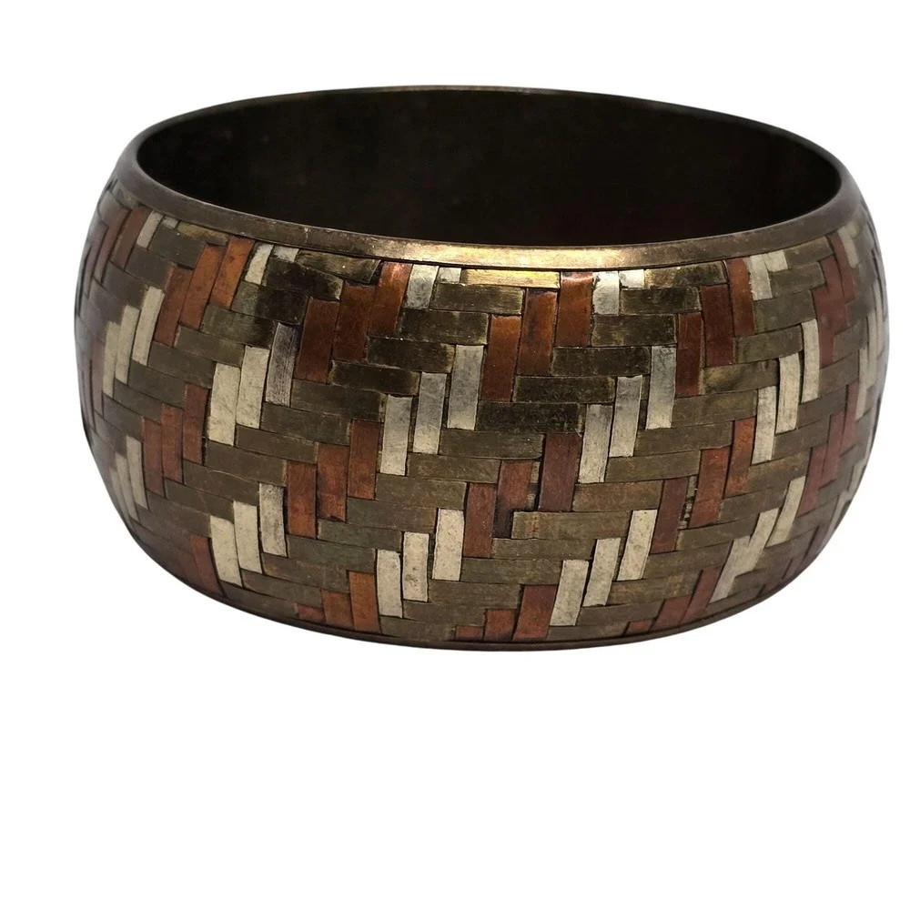 Vtg Mixed Metal Inlay Wide Bangle Bracelet Copper Brass Silver Tone Woven Patern